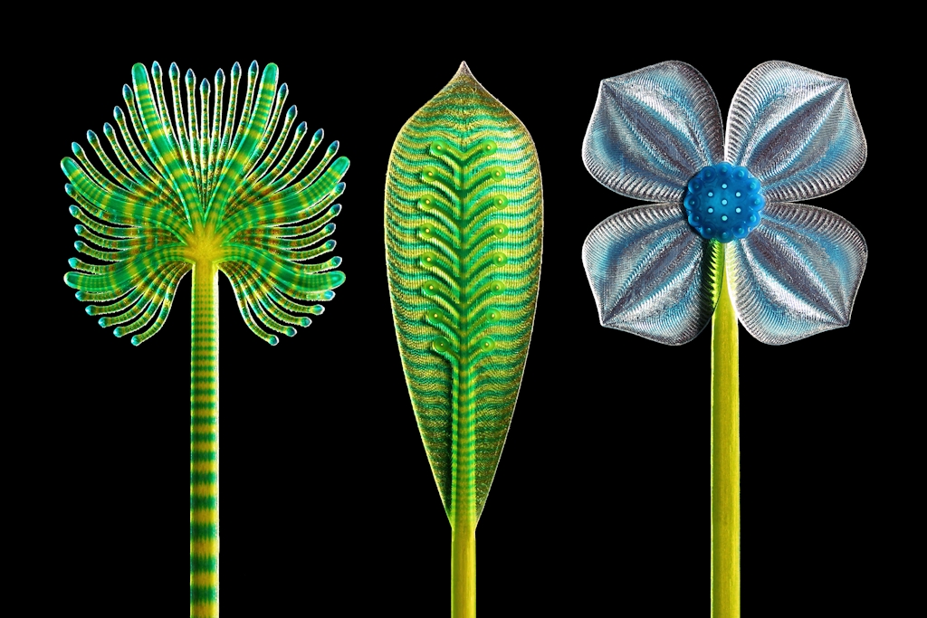 Three surreal plant-like 3D prints with microscopic textures.