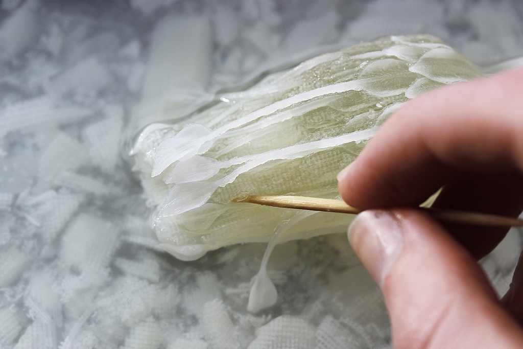 Cleaning support material off a delicate 3D print with a toothpick.