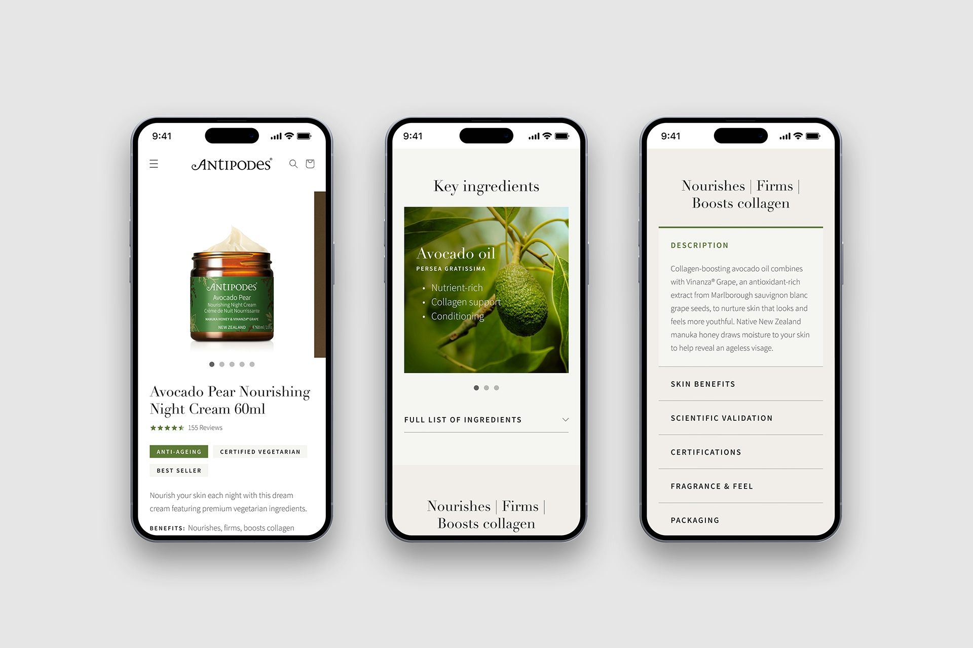 Design of moisturiser product page on mobile version of Antipodes website.