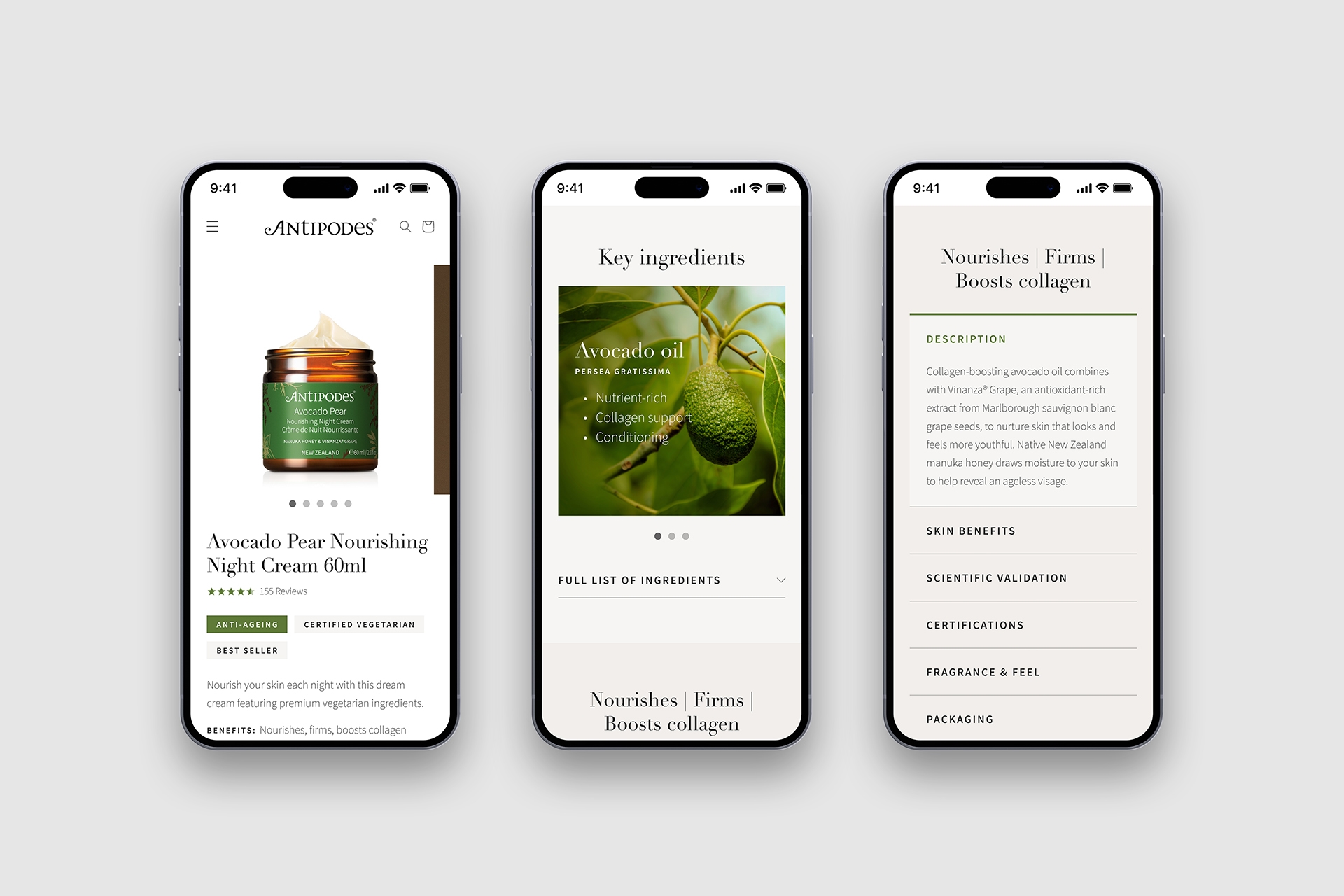 Design of moisturiser product page on mobile version of Antipodes website.