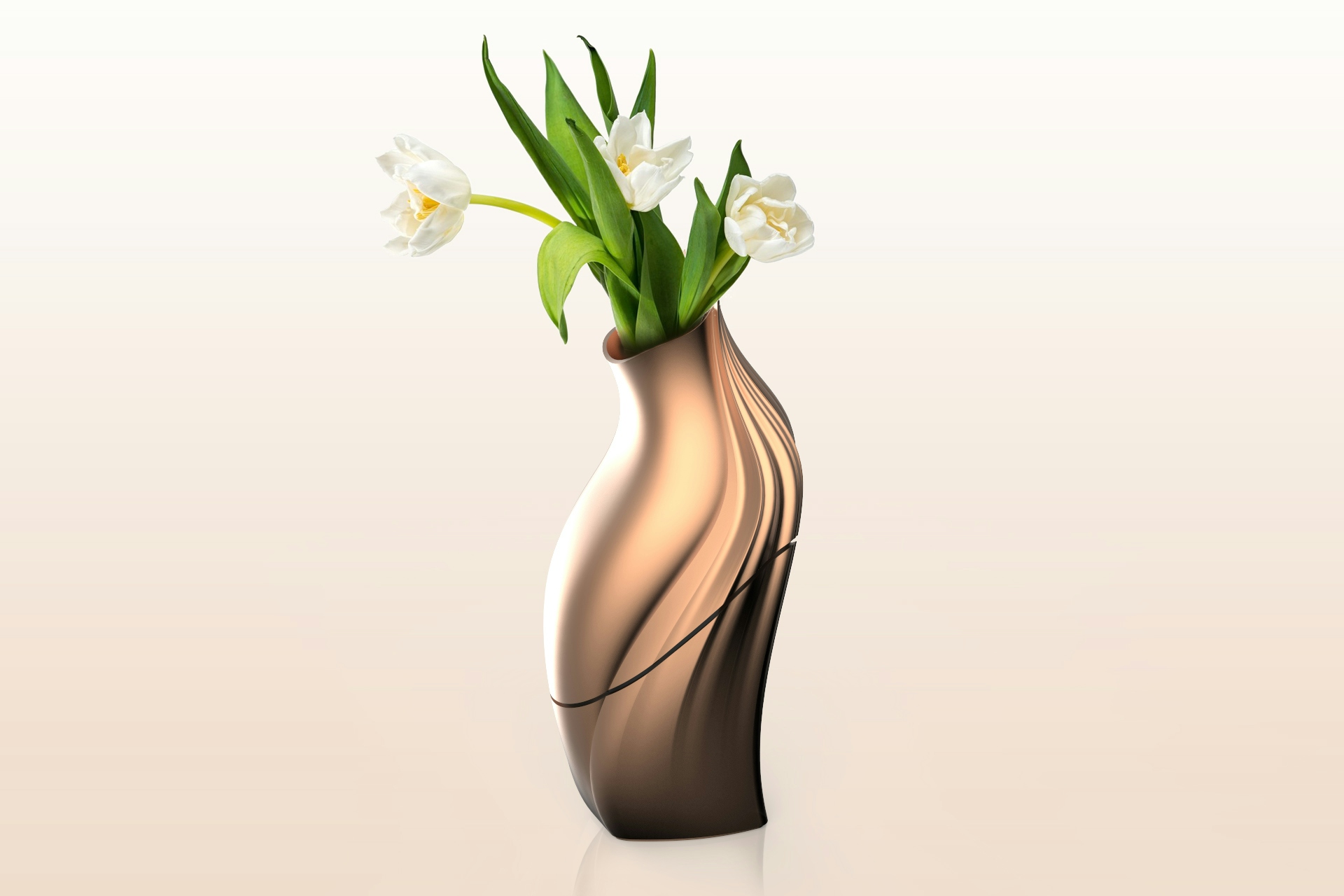 White flowers sitting in copper urn design.