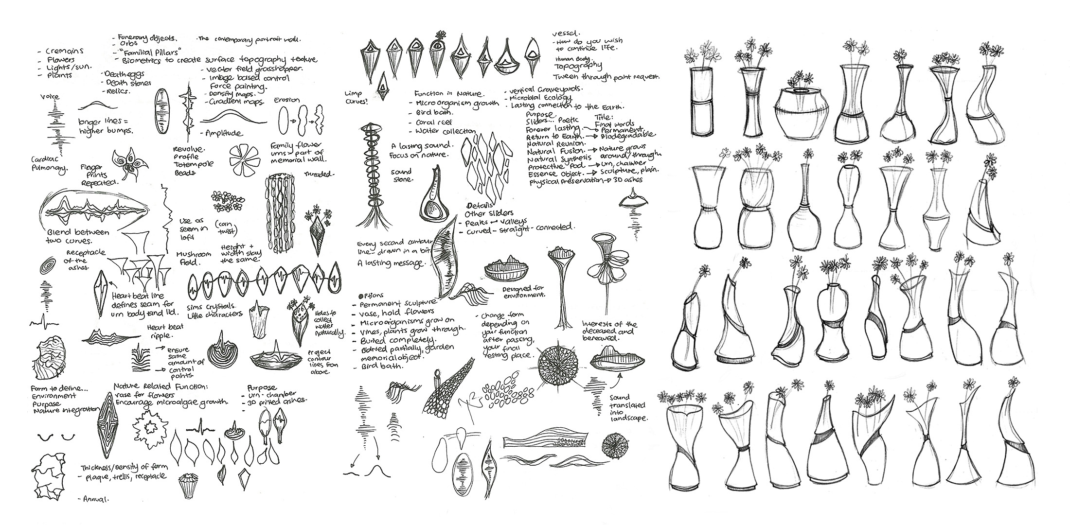 Hand-drawn sketches of urn forms and functions.