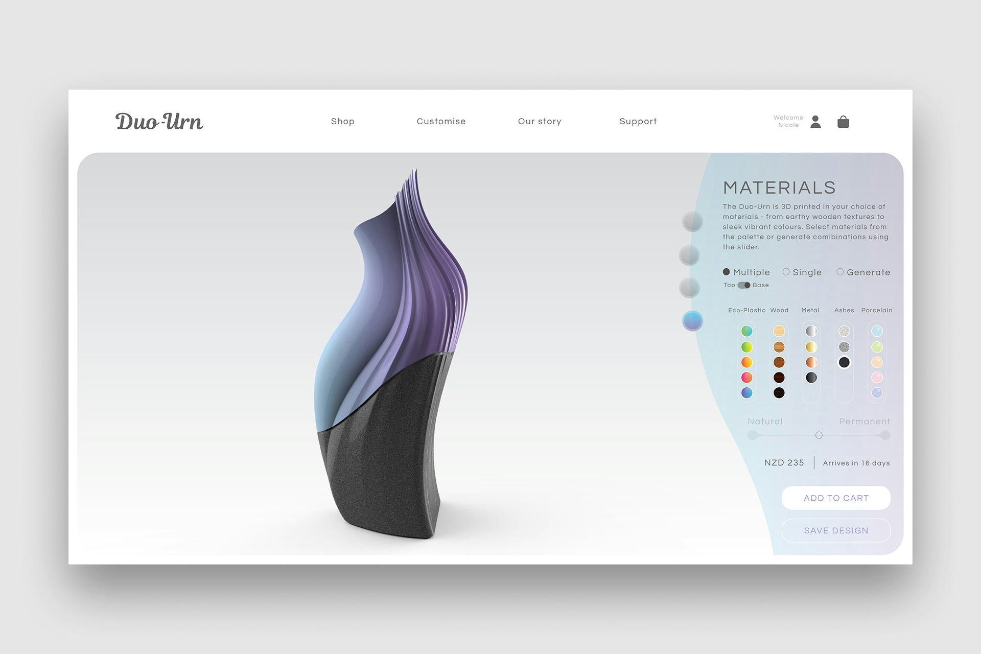 Mockup of website app where users can customise their urn.