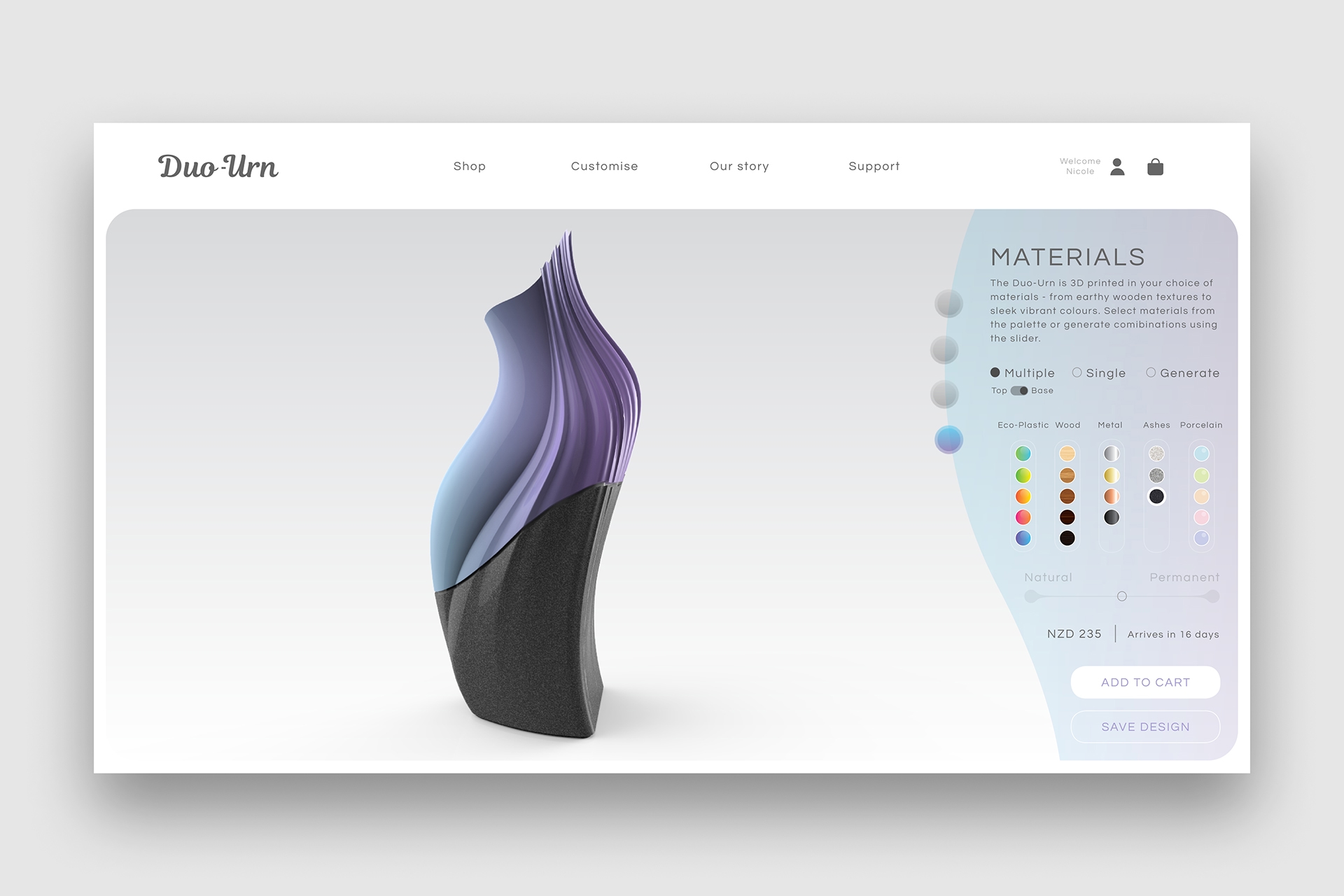 Mockup of website app where users can customise their urn.