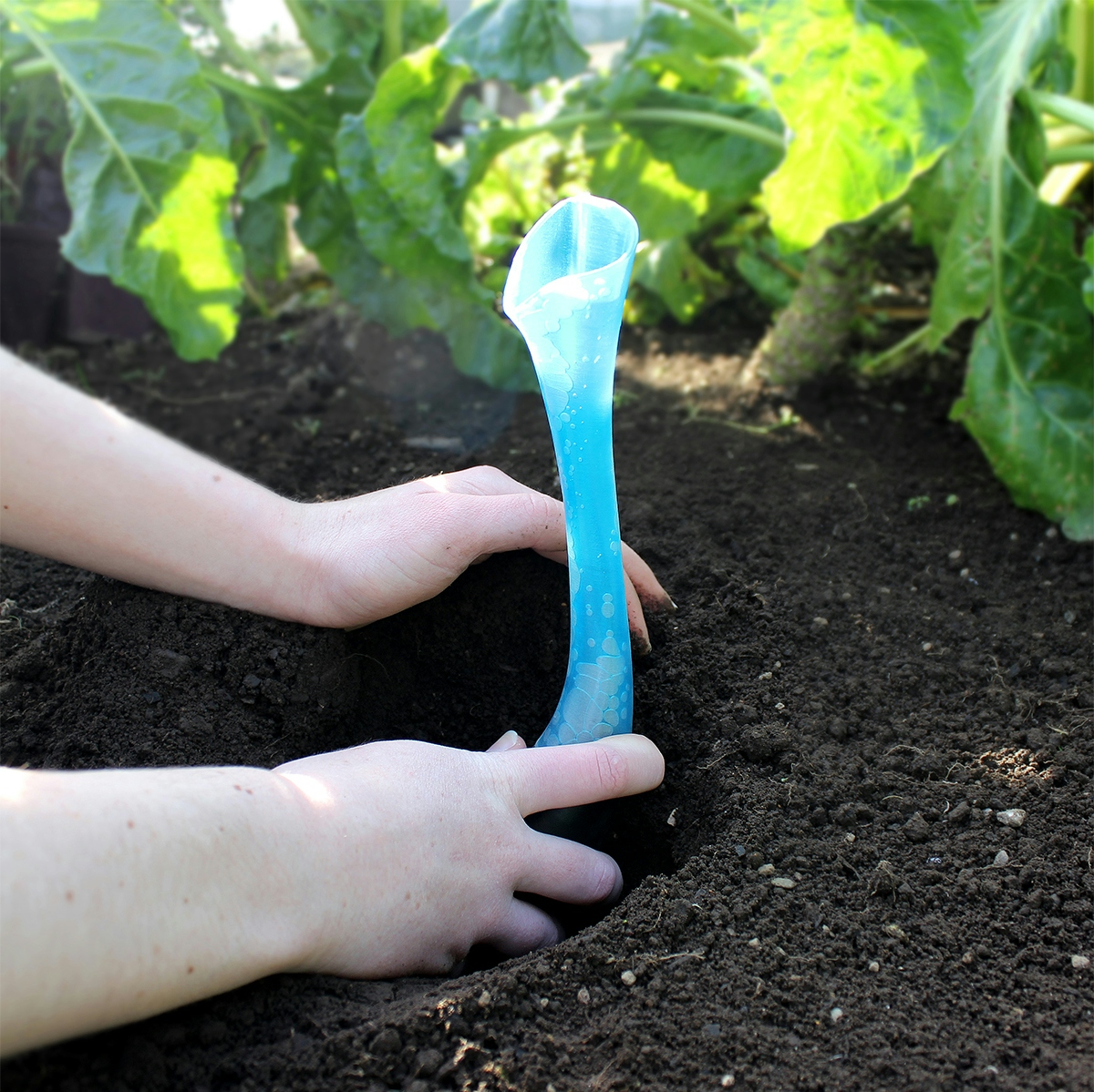 Planting portable speaker in garden soil.